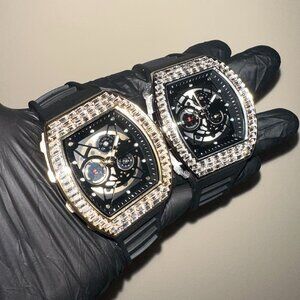 Men's Gold/Silver Black Dial 40mm Baguette Crystals Tonneau Rubber Strap Watch